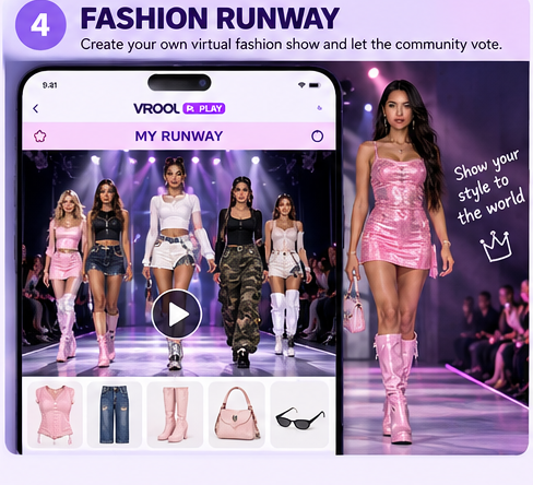 Illustrative runway show and shoppable fashion pieces