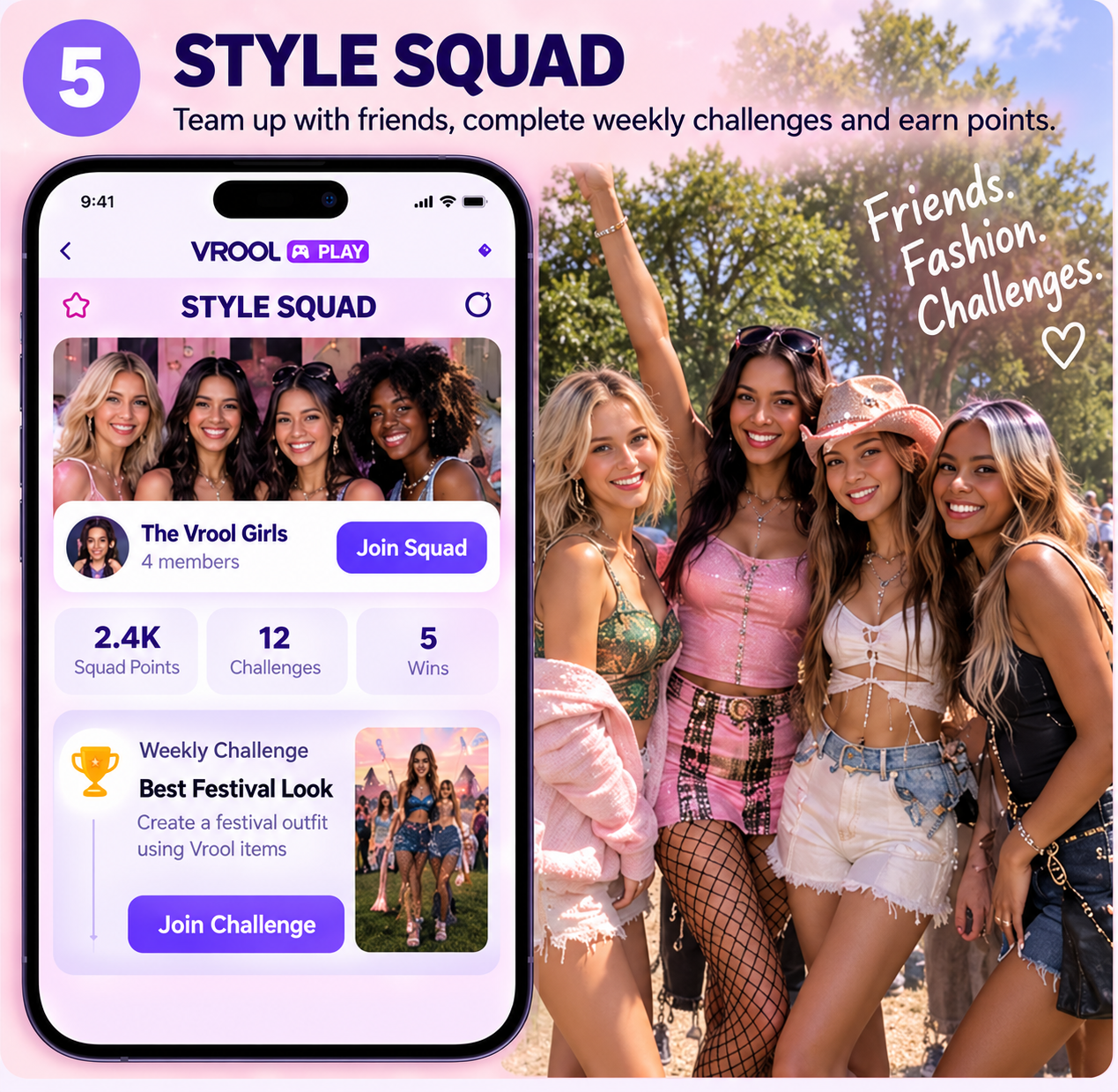 Illustrative group of friends and a fashion squad screen